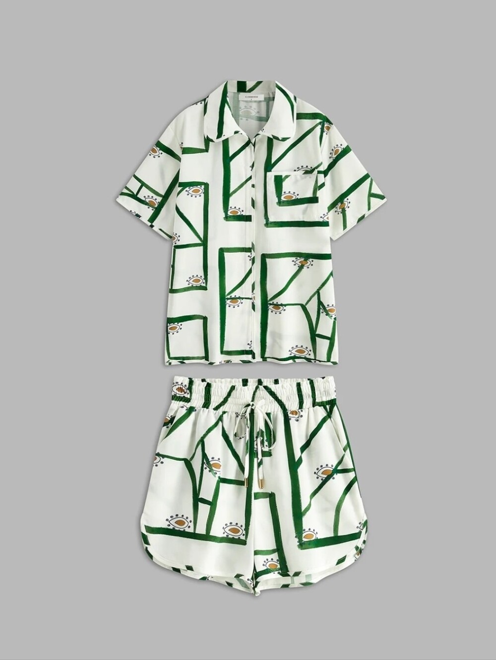 🥑 Commense Set Short-Sleeve Button-Down Shorts Set, Green Geometric Avocado